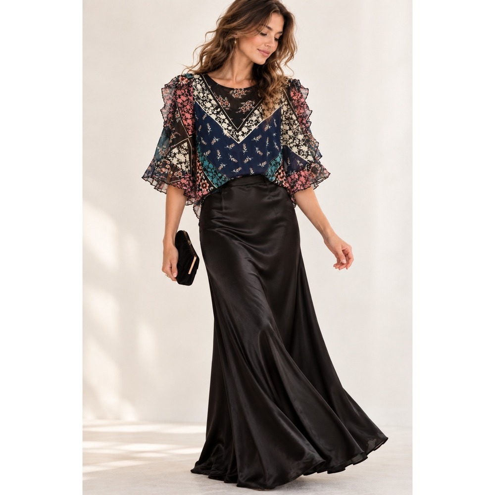 Tracy Reese Romantic Blouse Womens L Blue Floral Mixed Print Top Feminine NWT